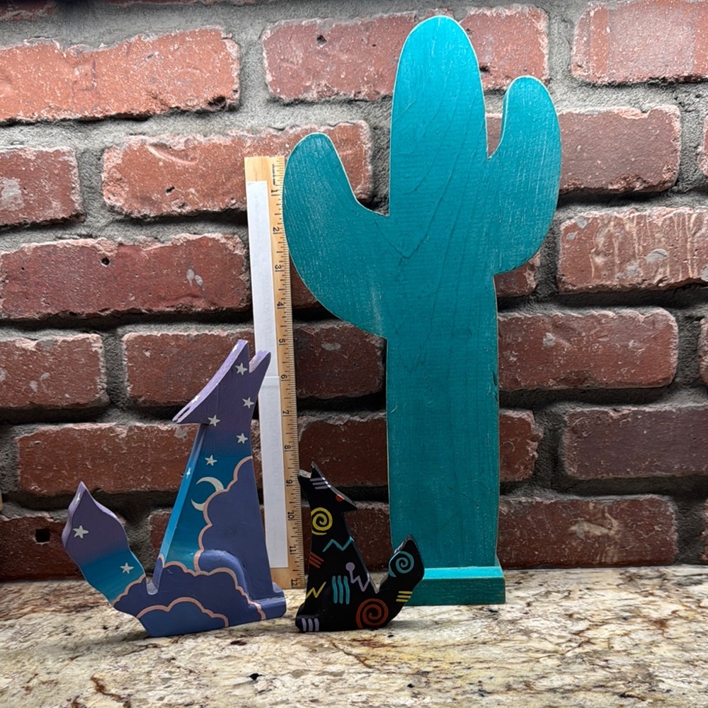 Teal Cactus and Colorful Coyote Wooden Decor Set